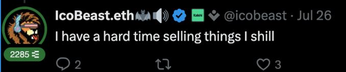A screenshot of a tweet by IcoBeast.eth (@icobeast) that reads 'I have a hard time selling things I shill'.