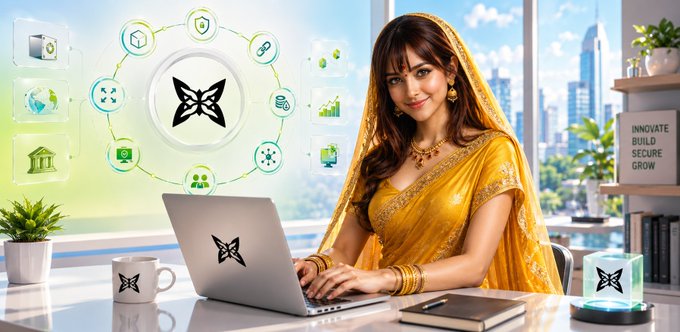 An AI-generated image of a smiling South Asian woman in a yellow sari working on a laptop, surrounded by floating icons and a sign reading 'INNOVATE BUILD SECURE GROW.'