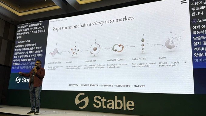 A presentation slide titled 'Zaps turns onchain activity into markets' displayed during a 'Stable' conference, with a presenter standing to the left.