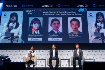 Three speakers—Yuzo Kano, Aoi Kanemitsu, and Kei Tanaka—sit on stage during a panel discussion titled "Work, Wealth & the AI Disruption — bitFlyer Crypto Radio Special Edition" at WebX 2026. The accompanying post confirms the panel's focus on navigating work and assets in the AI era, with the three individuals identified on the large screen behind them matching the speakers pictured.