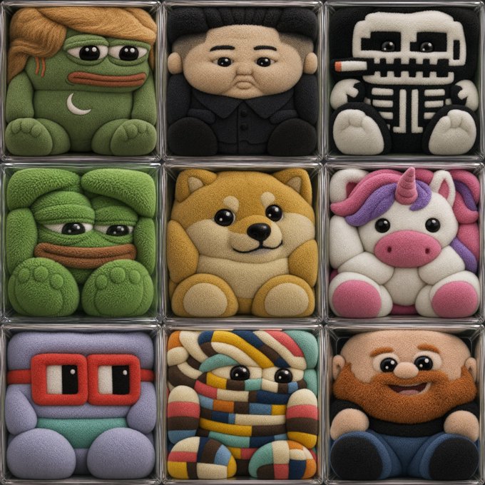 A grid of nine cute, stylized plush-like figurines—including Pepe the Frog variants, a skeleton, a Shiba Inu, a unicorn, and a pixelated character—sits in clear display cases, illustrating the kind of "cute art NFT" projects often promoted as potential scams or rug pulls. The tweet's warning about being "ripped straight from" another creator and "guaranteed rug" suggests these adorable designs are a common tactic used by fraudulent NFT collections to lure in unsuspecting buyers.