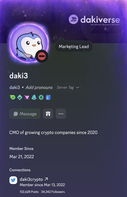 Profile page on dakiverse for user 'daki3', labeled as Marketing Lead, with the bio 'CMO of growing crypto companies since 2020' and a member since March 21, 2022.