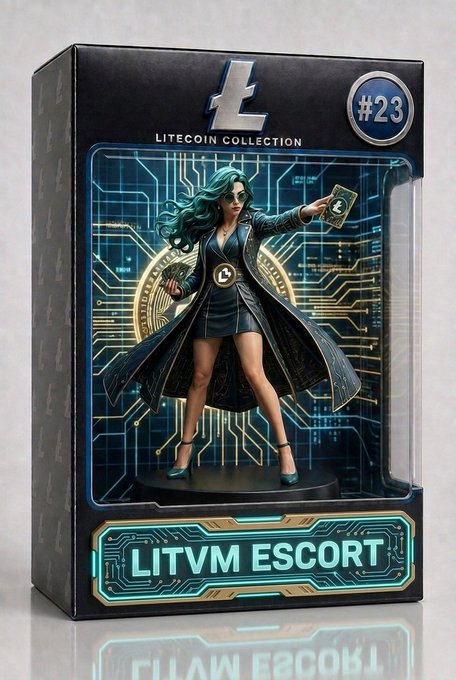 A collectible action figure in packaging labeled 'LITECOIN COLLECTION #23' and 'LITVM ESCORT' depicts a woman in a long coat holding a Litecoin-themed card.