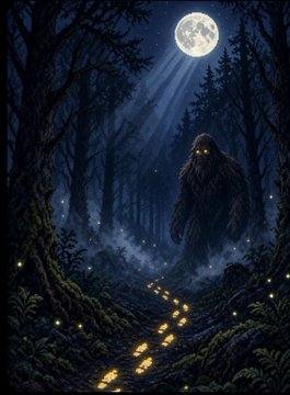 A dark fantasy artwork depicting a tall, shadowy figure with glowing yellow eyes standing in a moonlit forest, while a trail of glowing golden footprints leads toward the viewer.