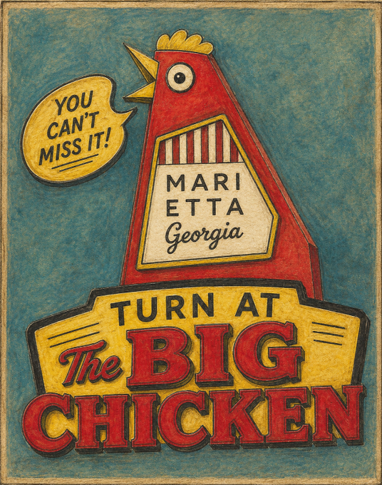 A vintage-style travel poster features a red cartoon chicken sign reading "MARIETTA Georgia" with a speech bubble saying "YOU CAN'T MISS IT!" above the text "TURN AT The BIG CHICKEN."