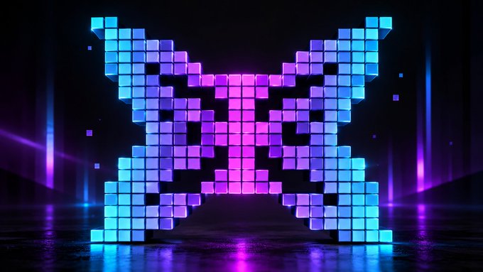 A 3D pixelated Space Invaders-style alien character composed of glowing blue and pink cubes against a dark background.