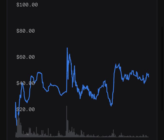 A Robinhood price chart shows a volatile crypto/NFT token fluctuating between roughly $15 and $70, with values labeled at $20, $40, $60, $80, and $100, paired with a volume histogram at the bottom—illustrating the erratic price action referenced in the post urging followers to invest in $ClayStonKz.