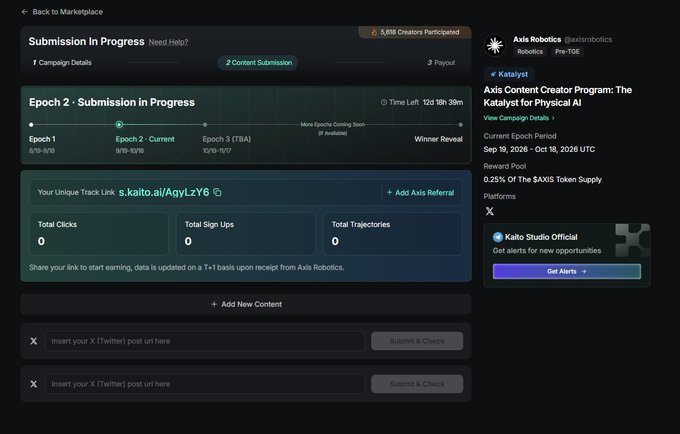 A screenshot of the Kaito platform showing a 'Submission In Progress' page for the 'Axis Content Creator Program: The Katalyst for Physical AI' by 'Axis Robotics @axiscrobotics', featuring tabs for 'Epoch 1', 'Epoch 2 - Current', and 'Epoch 3 (TBA)'.