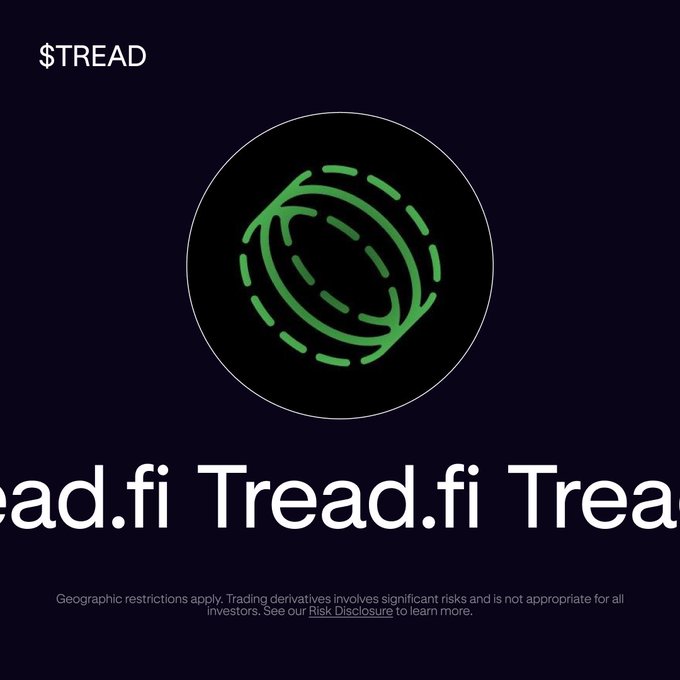 The image features the $TREAD ticker at the top with a stylized green ball-of-yarn logo centered on a dark background, accompanied by repeated "Tread.fi" branding text below and a risk disclosure notice about geographic restrictions and derivatives trading risks.