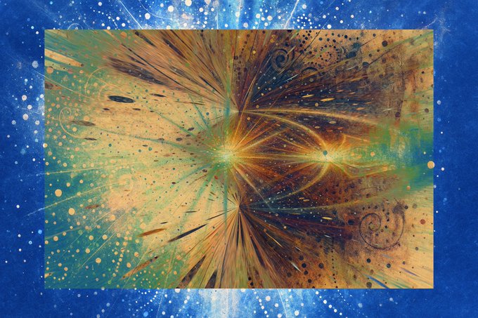 A vibrant cosmic digital artwork with a central burst of orange, green, and gold light rays radiating outward on a sparkling blue starry background.