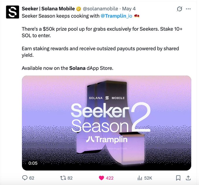 A social media post announces a $50K prize pool for "Seeker Season 2" on the Soko app store, with a purple and white background featuring a black and white image of a phone number.