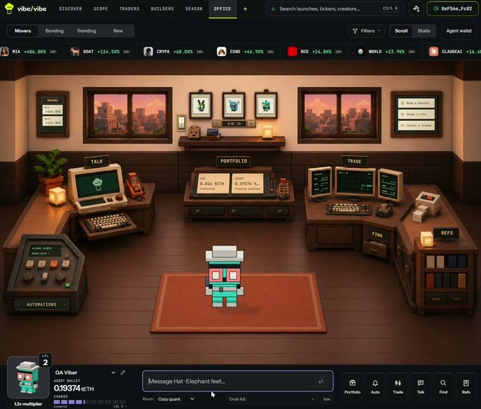 A pixel art office scene from vibe vibe, showing a workspace with desks labeled 'TALK', 'PORTFOLIO', 'TRADE', 'FIND', and 'REFS', with a pixel character displaying '0.19374 sETH' next to a chat input for the 'QA Viber'.