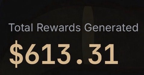 The image displays the text "Total Rewards Generated" above the amount "$613.31" in bold gold lettering against a dark background. This visual supports the post's claim by showing a concrete earnings figure, demonstrating the steady income the project continues to produce passively.