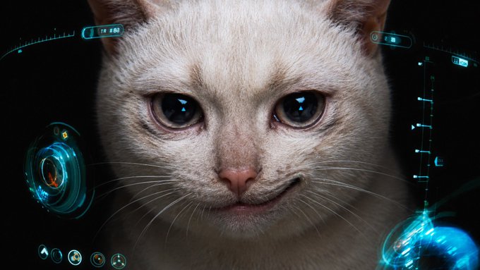 A close-up of a white cat with glowing futuristic HUD/AI interface overlays (showing "T4 #86" and "03" markings) surrounding its face, cleverly portraying the cat as a JARVIS-like AI assistant ready to send the $CASHCAT meme token "straight to billions with no breaks."