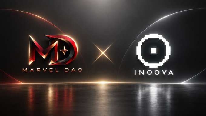 Sleek dark promotional banner displaying two logos side by side: 'MD Marvel DAO' on the left in red and gold, and 'Inoova' on the right in white, separated by a glowing star symbol.