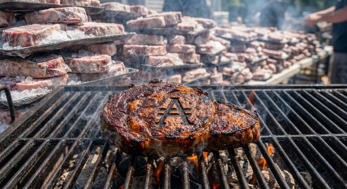 The image shows a large steak, cooked to perfection, sitting on top of an electric grill with smoke coming out of it. The steak has a unique design on its surface that resembles a letter "A" or a number "3". In the background, there are stacks of meat and other food items, indicating that this is likely a restaurant or a large gathering where people can enjoy delicious barbecued dishes. The post about Cardano coins also suggests an interesting connection between the steak's design and the crypto world, possibly implying a unique way to invest in cryptocurrency or simply adding some humor to the image by incorporating a popular coin name into its description.