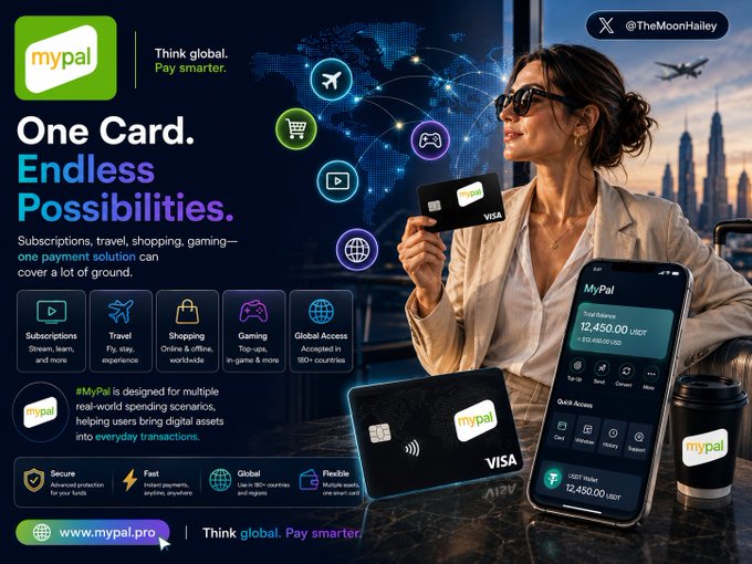 A promotional image for MyPal features the tagline "One Card. Endless Possibilities." alongside a Visa card and smartphone app interface showing a balance of 12,450.00 USDT, with a woman in sunglasses overlooking a city skyline at an airport. The image illustrates the post's message by showcasing how the MyPal card serves multiple spending scenarios—subscriptions, travel, shopping, and gaming—with features like global access across 180+ countries, fast transactions, and flexible usage to bridge digital assets into everyday transactions.