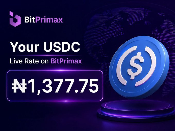 A BitPrimax advertisement showing a live USDC to Naira exchange rate of ₦1,377.75 against a dark blue background with a glowing USDC coin graphic.