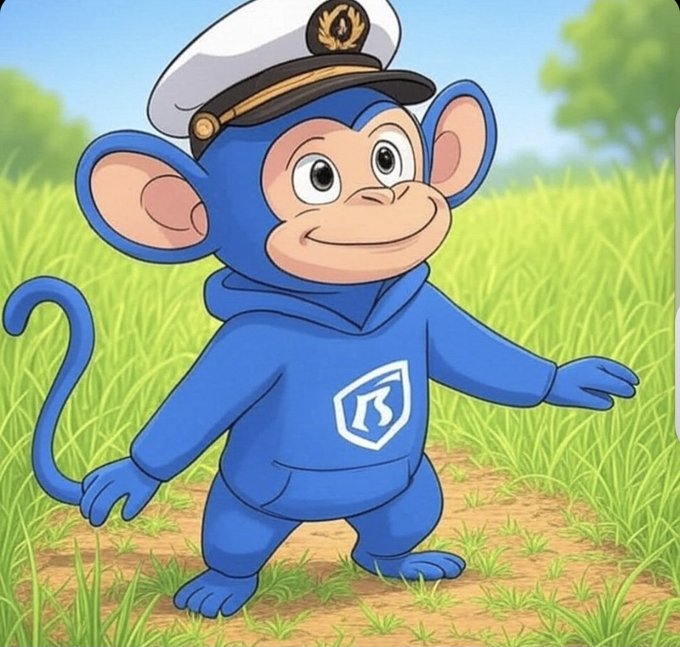 A cartoon illustration of a blue monkey character wearing a white sailor's cap and a blue hoodie with a 'B' logo, standing in a grassy field.