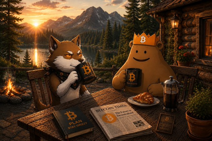 A whimsical digital illustration shows a fox and a bear wearing a Bitcoin crown sitting at a wooden table drinking from Bitcoin-branded mugs, surrounded by books titled "PLAN STAY GRIZZY" and "BITCOIN TIMES." A sunset over a mountain lake and a cozy log cabin set the peaceful backdrop, with a croissant and French press on the table.