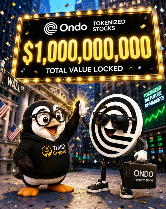 A penguin mascot wearing "Trail2Crypto" glasses and a personified Ondo logo with sunglasses high-five in front of a Wall Street billboard celebrating Ondo's $1,000,000,000 Total Value Locked in tokenized stocks, visually reinforcing the post's milestone of Ondo crossing $1.01B TVL.