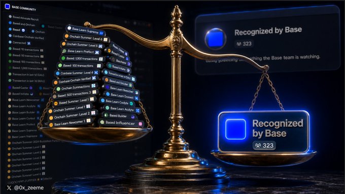 A digital graphic showing a gold scale balancing various achievement badges on one side against a glowing blue "Recognized by Base" badge on the other, with the Base community achievement list on the left.
