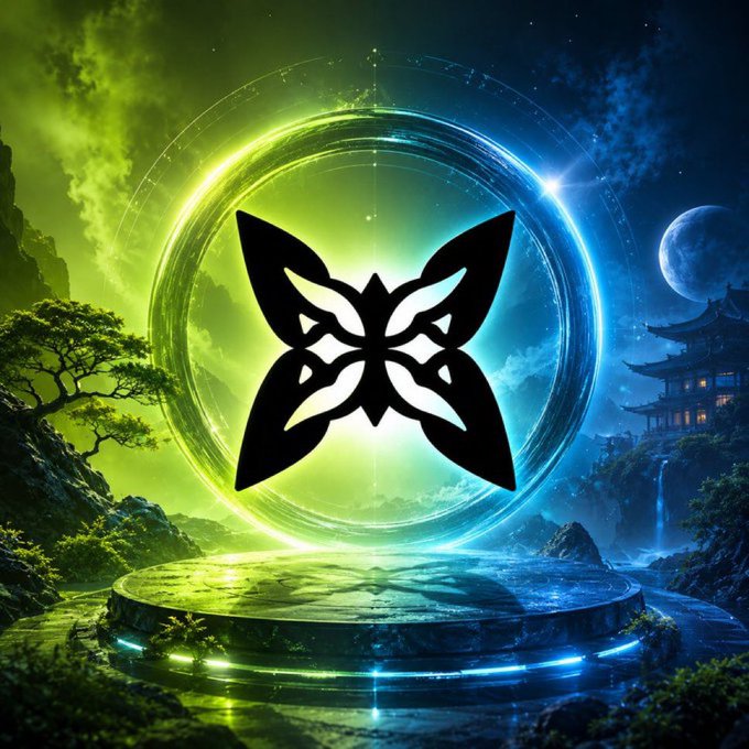 A stylized black butterfly emblem glows at the center of a circular portal, surrounded by mystical green and blue scenery featuring a bonsai tree, Asian temple, and moonlit landscape.