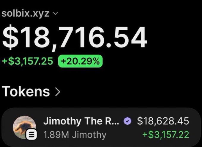 A screenshot from solbix.xyz shows the token "Jimothy The R..." (Jimothy) trading at $18,716.54, up +$3,157.25 (+20.29%), with a holding of 1.89M Jimothy valued at $18,628.45. The image illustrates the post's claim of a massive gain on the $Jimothy token, visualizing the $24,000+ profit figure cited.