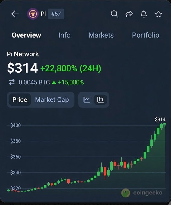 A CoinGecko price chart for Pi Network (PI) showing a price of $314 with a +22,800% increase in 24 hours, displayed as a green candlestick chart trending upward.