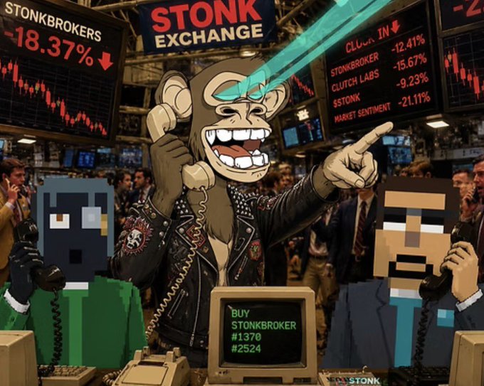A cartoon monkey in a leather jacket makes a phone call at the 'STONK EXCHANGE' amid red market decline screens showing 'STONKBROKERS -18.37%' and other dropping tickers like 'CLUTCH LABS -9.23%'.