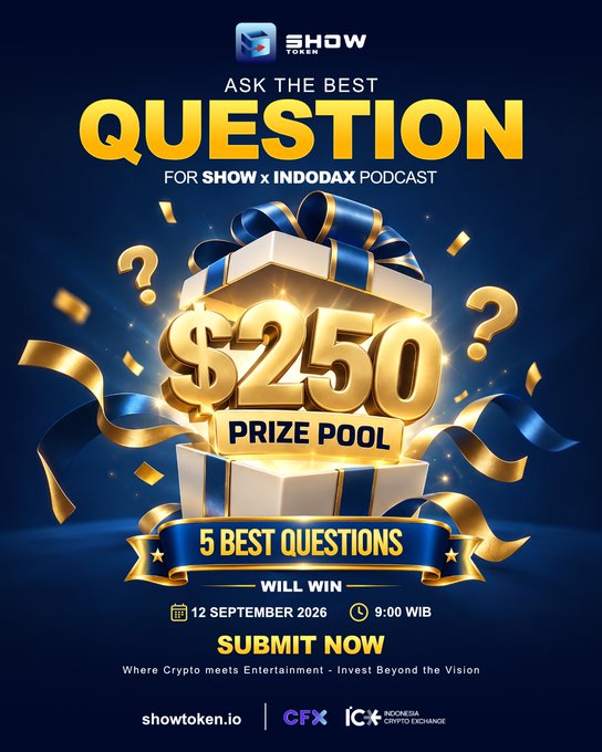 A promotional graphic for SHOW Token's podcast with INDODAX featuring a $250 prize pool for the 5 best questions, dated 12 September 2026 at 9:00 WIB.