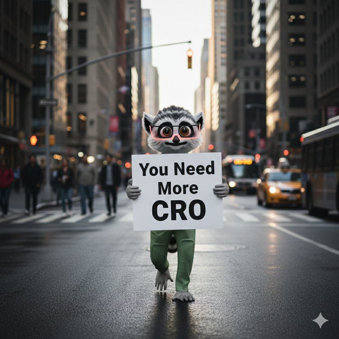 A whimsical anthropomorphic lemur wearing glasses and green pants stands in the middle of a busy city street holding a sign that reads "You Need More CRO," with blurred pedestrians, taxis, and skyscrapers in the background.
