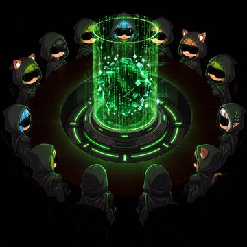 A digital illustration of hooded, cat-eared anime characters gathered in a circle around a glowing green holographic cylindrical projection on a dark platform.