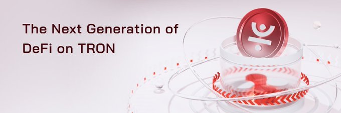 A promotional banner reading 'The Next Generation of DeFi on TRON' featuring a red circular token icon with a figure logo, set against a white background with abstract orbital rings.