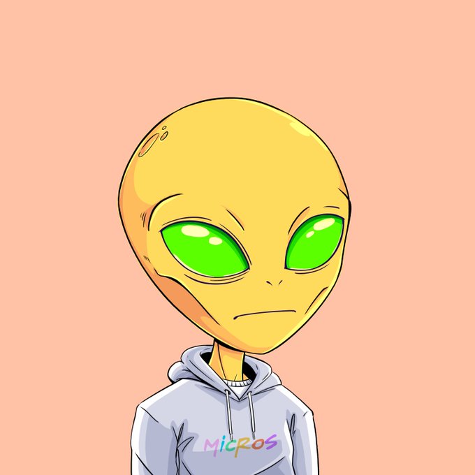 An illustration of a green alien character with large green eyes wearing a light-colored hoodie, with 'Micros' written on the chest against a peach background.