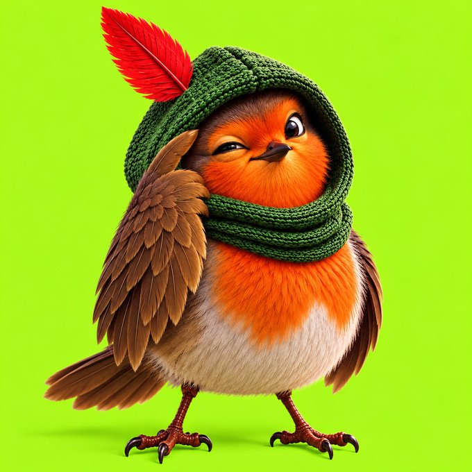 A 3D-rendered cartoon robin bird with a red feather on its head stands against a bright green background, wearing a green knitted hat and scarf.