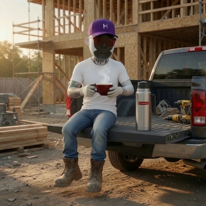 An image showing a person wearing a purple 'H' cap sitting on the tailgate of a pickup truck at a construction site, holding a steaming mug, with a thermos and tools nearby.