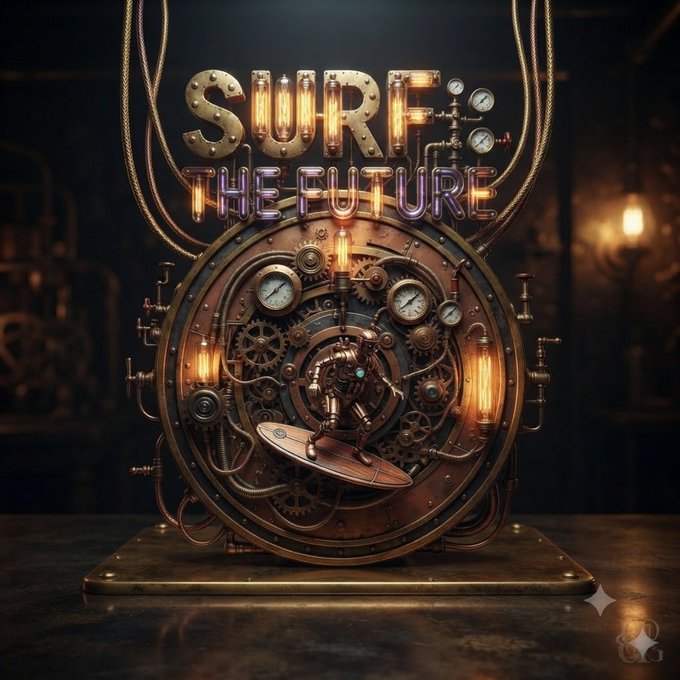 A steampunk-style mechanical device featuring gears, gauges, pressure meters, and copper tubing with the illuminated neon-style text 'SURF THE FUTURE' displayed above it.