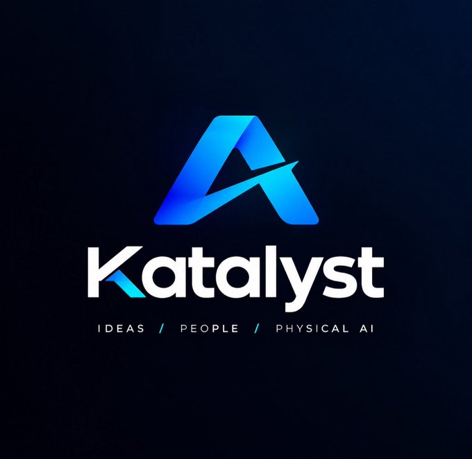 A logo for 'Katalyst' featuring a stylized blue 'A' symbol, with the tagline 'IDEAS / PEOPLE / PHYSICAL AI' on a dark blue gradient background.