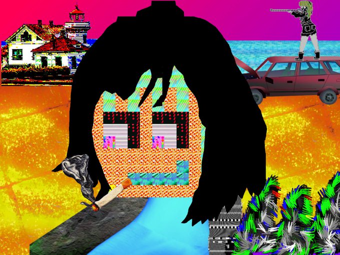 The image features a cartoon girl with black hair, wearing an orange shirt, smoking a cigarette while standing next to a car. The background of the image includes various elements such as houses, cars, trees, and other people. The caption for the image reads "✦ mederu to iiyo by @boyinthemumble ft. yaanantato, AliceOnNeptune, jvvllyy, TEXADELIC_EXP, paraxenod, Yuri_jjjj, augurusto, lewiejpd 1 ed. 7.5 ꜩ on @mederu_art mederu.art/user/tz1NtgVAW". The image is related to the post as it features a cartoon girl and various elements from the post's description.
