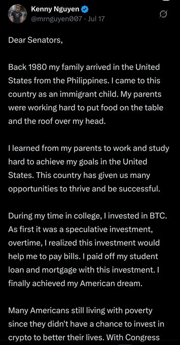 The image shows a tweet from Kenny Nguyen (@mrnguyen007), an immigrant from the Philippines, addressed to US Senators about how investing in BTC (Bitcoin) during college helped him pay off his student loans and mortgage, achieving his "American dream"—and expressing his willingness to travel to Washington DC to discuss how crypto changed his life.