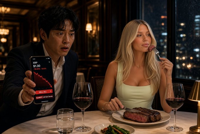 A man anxiously shows his phone displaying "XRP $1.30 -16.42% -0.20" with red "SELL ALL" and "CLEARITY Act Sale Servers" buttons to his blonde companion, who calmly eats a steak and holds a fork with meat. The scene illustrates the post's story of a cousin panicking and selling his XRP after the CLARITY Act announcement, while the price has since rebounded above $1.43—highlighting the contrast between fear-driven selling and steady composure during market volatility.