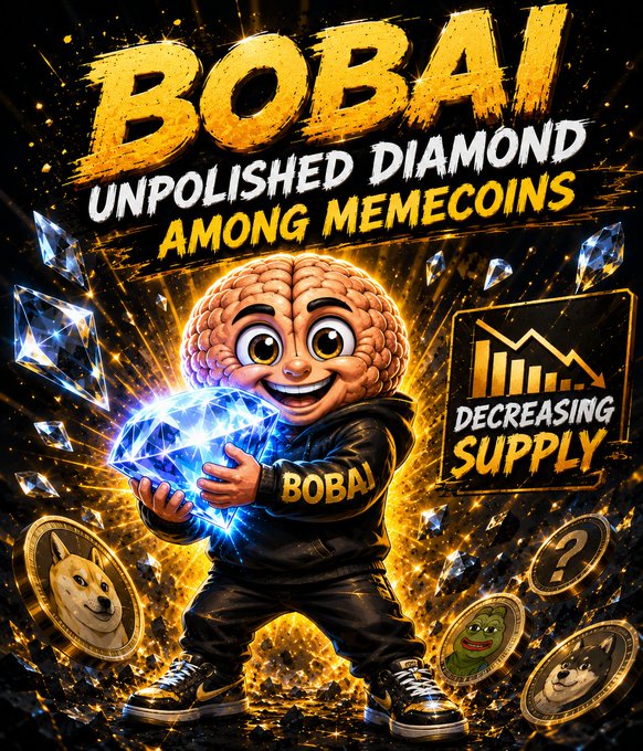 A promotional graphic for 'BOBAI' cryptocurrency describing it as the 'UNPOLISHED DIAMOND AMONG MEMECOINS', featuring a 3D brain character holding a diamond, with text highlighting 'DECREASING SUPPLY' surrounded by Dogecoin and Pepe coin illustrations.