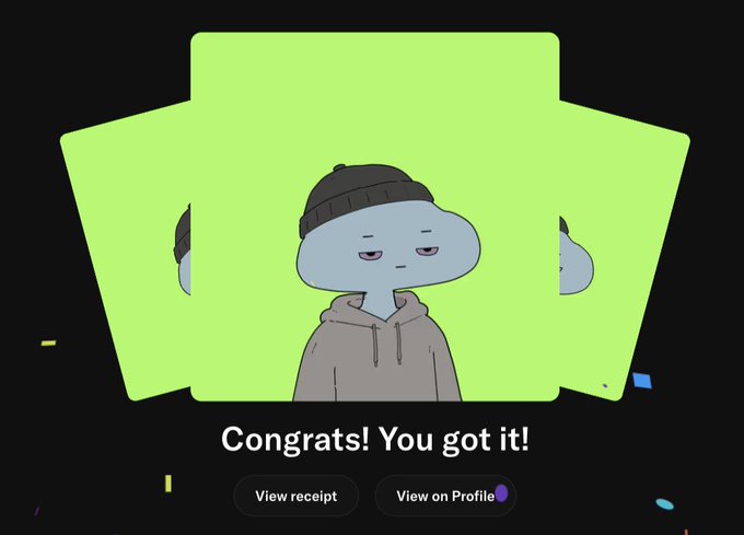 A digital illustration of a blue cartoon character wearing a beanie and hoodie against a bright green background, with the text "Congrats! You got it!" and buttons for "View receipt" and "View on Profile".
