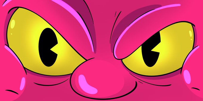 An animated close-up of a pink creature's face featuring large yellow eyes with cat-like pupils, thick pink eyebrows, and a small pink nose, with a mischievous or grumpy expression.