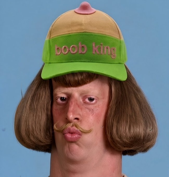A surreal 3D rendering of a man with a bowl haircut and curled mustache wearing a green and yellow cap with a pink tip that reads 'boob king' in pink lettering.
