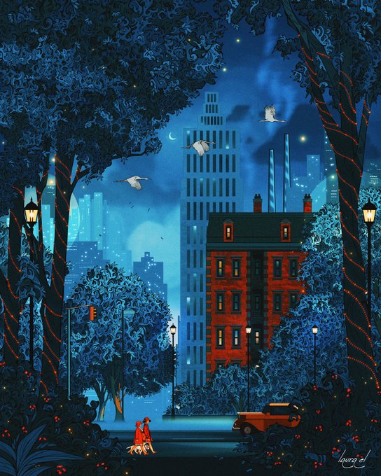 A stylized nighttime cityscape illustration shows a person sitting with a dog by the water, with a red building, tall skyscrapers, and glowing birds against a starry sky.