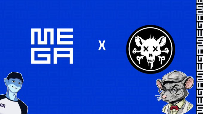 A blue collaboration banner featuring the 'MEGA' (MegaETH) logo next to a skull mascot with crossed-bone eyes, flanked by a blue-skinned character and a mouse with glasses, with 'MEGA' repeated on the right edge.