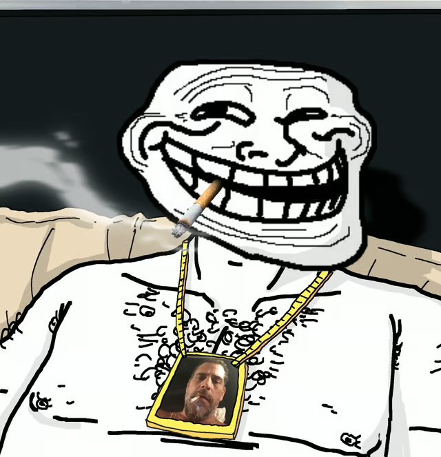 A trollface meme with a cigarette in its mouth, wearing a gold chain with a pendant that features a man's face.
