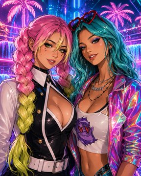 A vibrant digital illustration of two anime-style female characters with colorful pink and teal hair posing together against a neon-lit background.